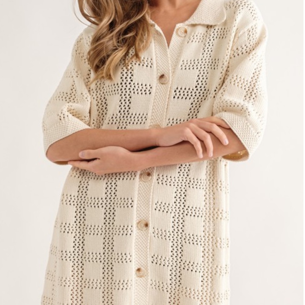 180. Women’s Ivory Crochet Knit Shirt Dress NWT - Picture 2 of 3